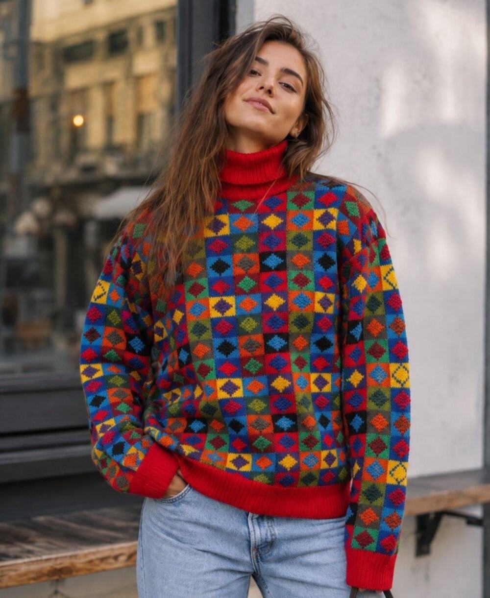 VTG 80s 90s Express Bright Rainbow Patchwork Knit Turtleneck Sweater Sz P/S Y2K
